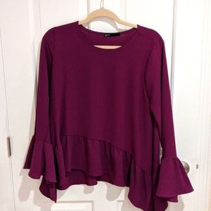 Gibson Plum Colored Flounce Sleeve Blouse